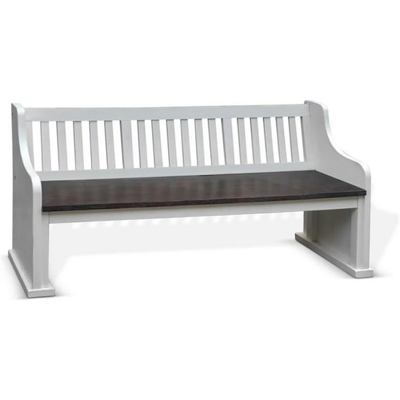 Pemberly Row Farmhouse 34" Slat Back Wood Bench in White and Dark Brown