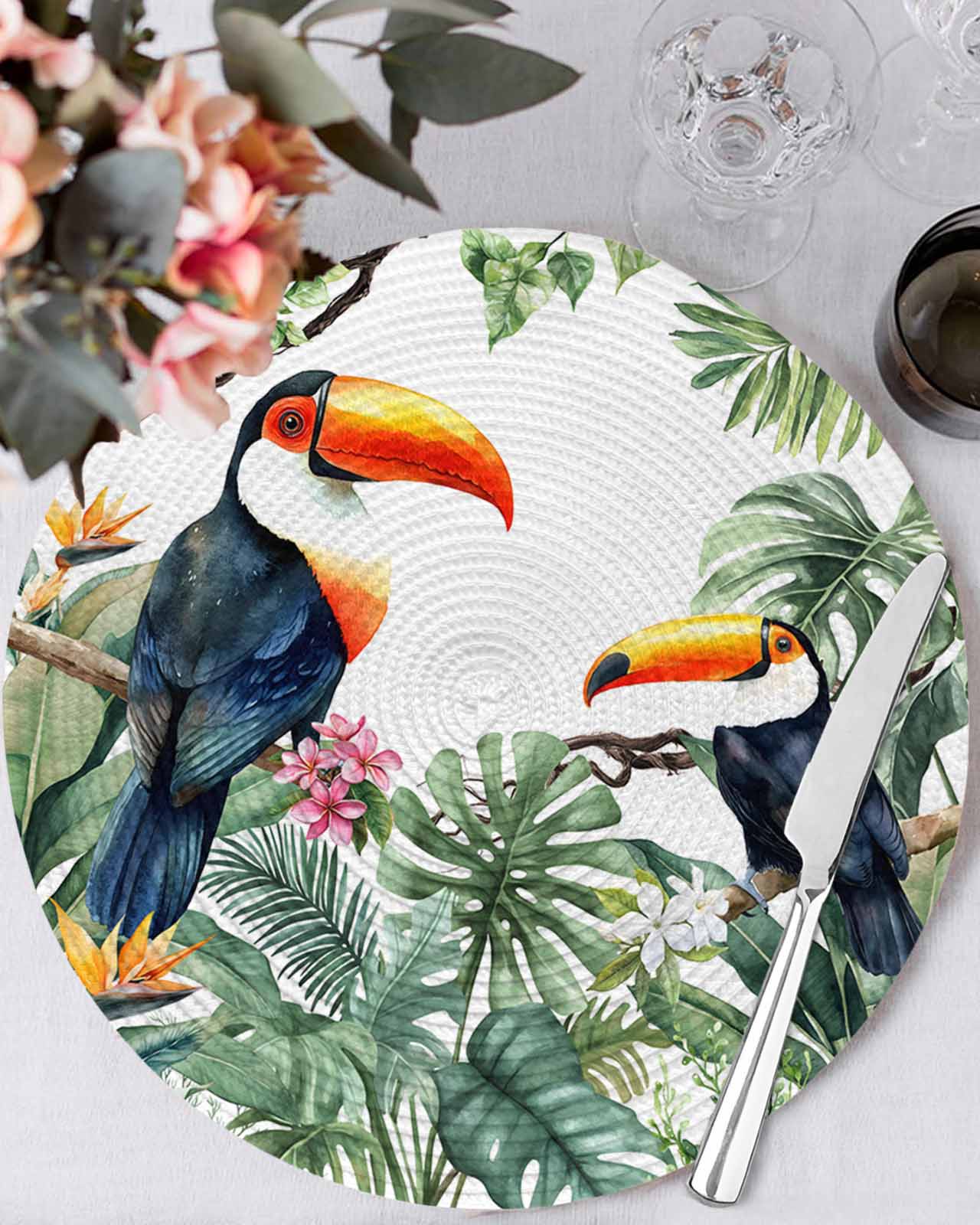 Tropical Botanical Round Table Placemats set of 6, Palm Banana Leaf Toucan Washable Woven Place Mats for Dining Tables Kitchen Party Decor,Heat Proof, 15in, Green