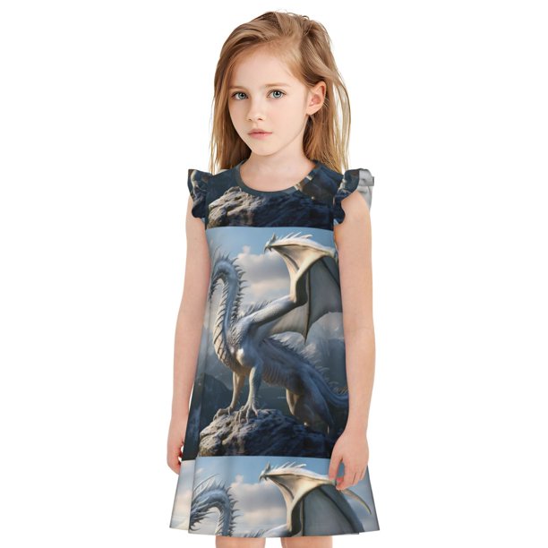 Balery Mountain White Dragon Camisón de princesa para niñas, pijama de algodón con mangas abullonadas, suave y bonito.-Large