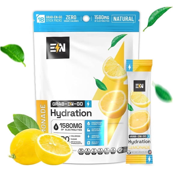 EN, Sugar-Free Electrolytes Powder Packets – Keto Electrolytes Hydration Packets, Single-Serving Electrolytes, Zero Calories, Vegan, Non-GMO, Organic, Gluten-Free, Lemonade 18 CT