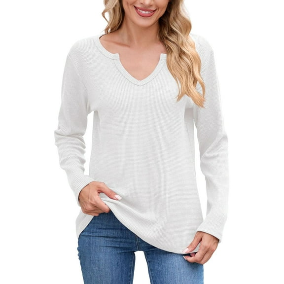 Fiaer,Womens Waffle Long Sleeve V Neck T Shirts,Plus Size Loose Fit Casual Tshirts for Women,Women's Trendy Basic Going out Solid Breathable Tops White XL
