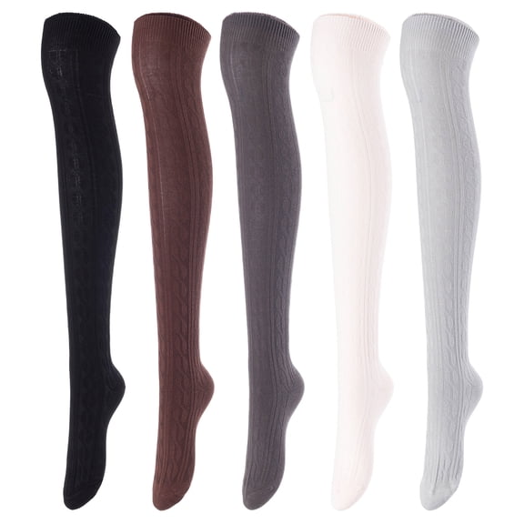 Lovely Annie Women's 5 Pairs Over Knee High Thigh-High Cotton Socks Size 6-9 L1024 5p5c9(Black,Coffee,Dark Grey, Beige,Grey)