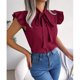 thumbnail image 4 of Blusas de gasa con cuello de pajarita de verano para mujer, blusas de moda elegantes de Color puro que adelgazan con cordones, camisas de manga con volantes para mujer, rojo vino S, 4 of 8