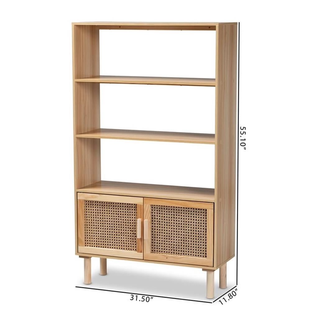 Baxton Studio Faulkner Mid-Century Modern Natural Brown Finished Wood and Rattan 2-Door Bookcase,Wholesale Interiors