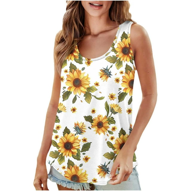 UPPADA Camisoles d'Été pour Femmes à Imprimé Floral, Col Ras du Cou, Sans Manches, Chemises Décontractées à Ourlet Fluide, Jolis T-Shirts, Chemises Coupe Ample, Hauts Confortables Multicolores, 3TG