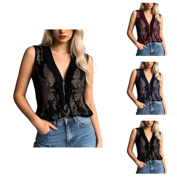 Boho Tank Tops for Women Summer Lightweight Mesh Half Zip Ruffle V Neck Sleeveless Shirt Casual Blouse
