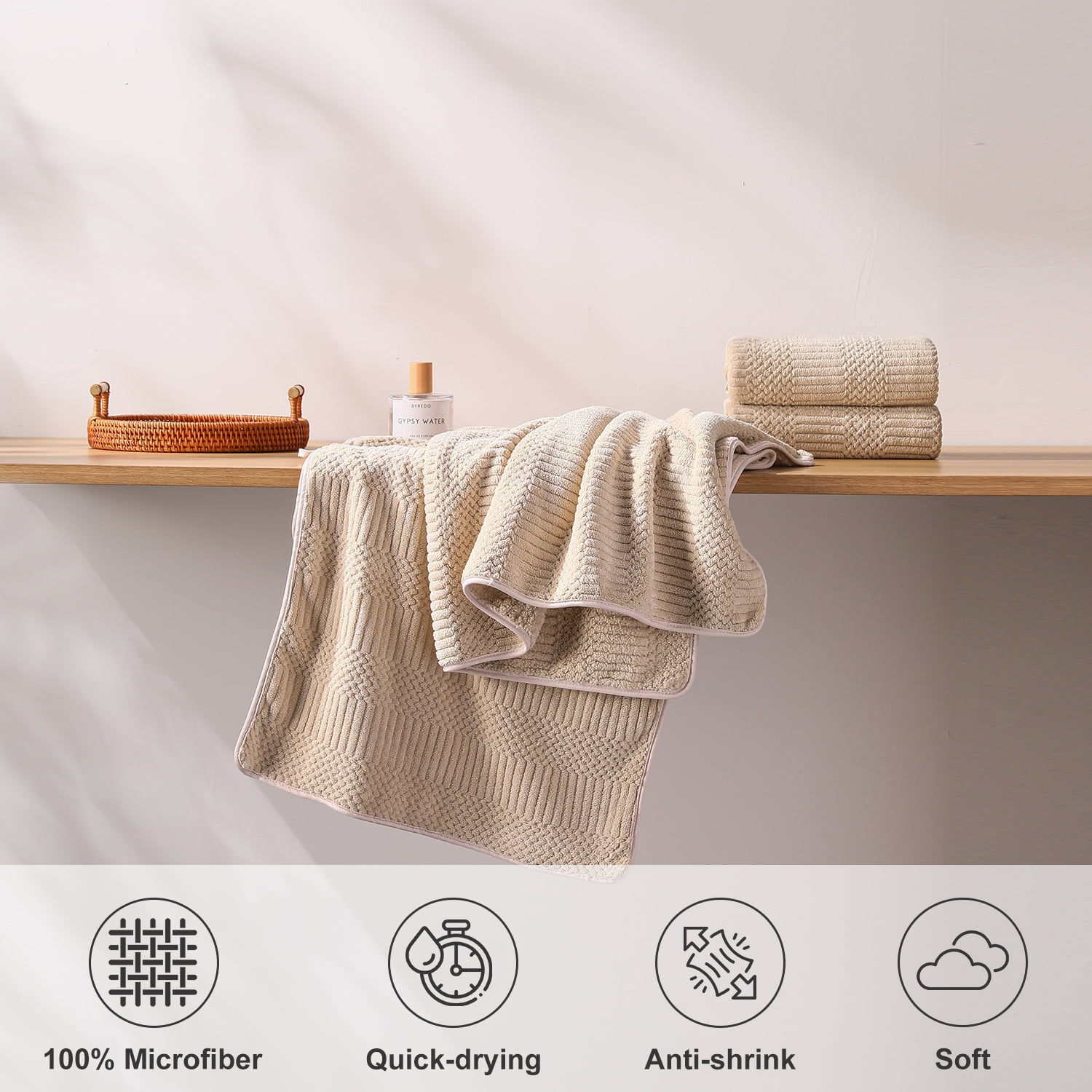 Jessy Home 12 Pack Camel Hand Towel Set 16"x31" Soft Highly Absorbent Quick Dry Bathroom Towels 600 GSM Microfiber Plush Towels