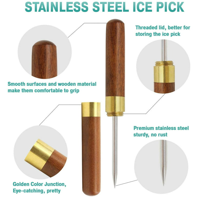 Stainless Steel Ice Picks with Safety Cover, Pick Tool for Breaking Ice,  Non-slip Wooden Handle for Easy to Grip, for Kitchen, Bars, Bartender,  Picnics, Camping, & Restaurant 