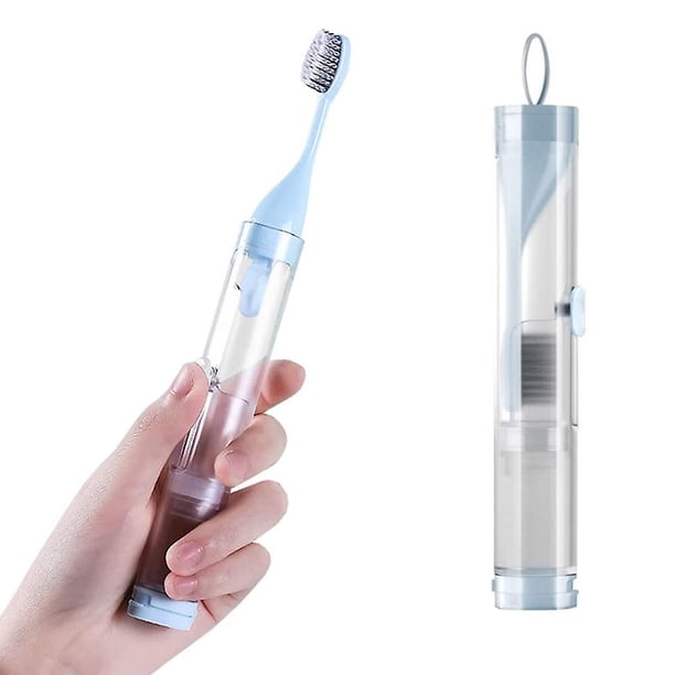 Cepillo de dientes de viaje con estuche incorporado para pasta de dientes Mango plegable Cerdas suaves, blanco / azul cielo, juego de 1 pieza, con cepillo de limpieza oso de fresa Hogar