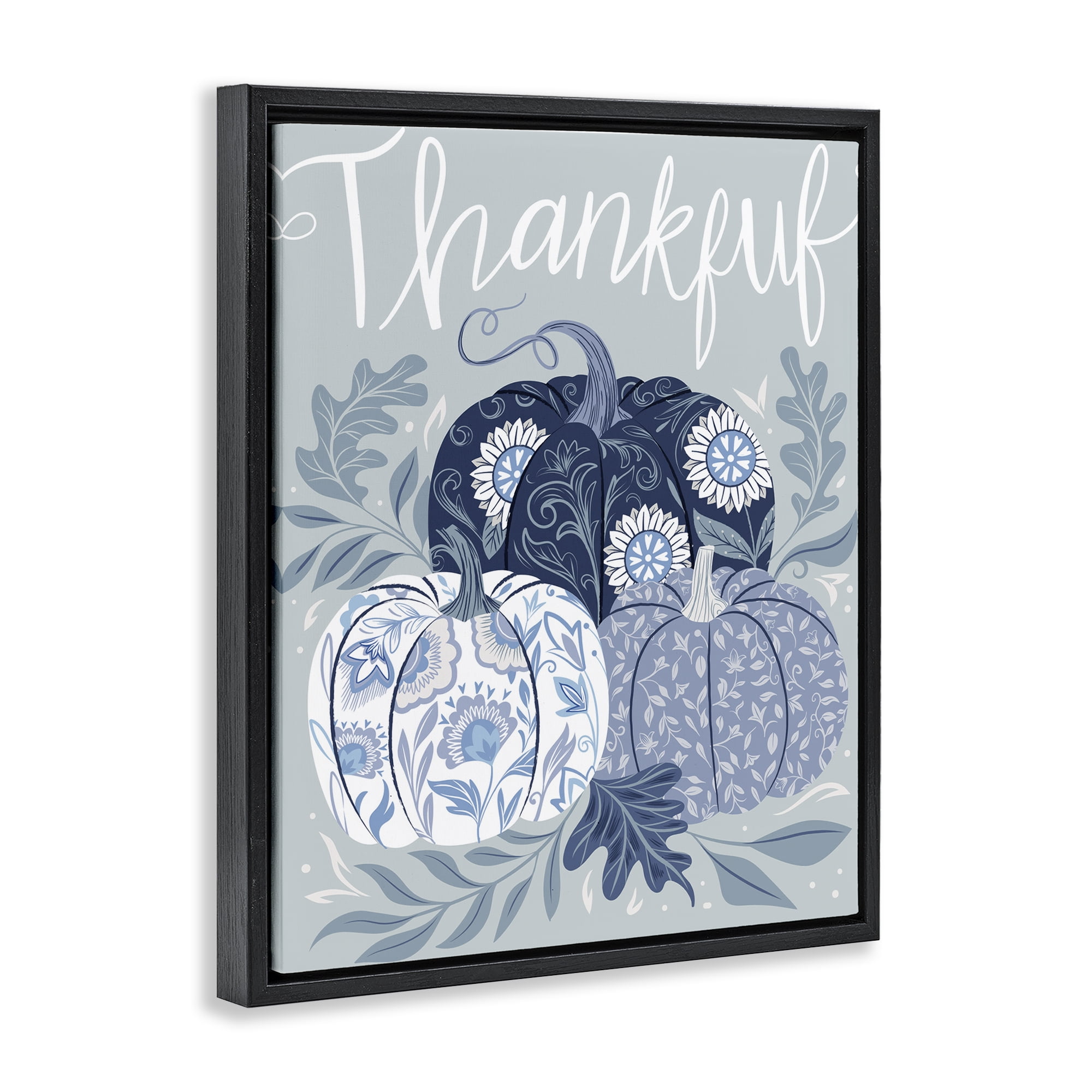 Stupell Industries Thankful Ornate Floral Pumpkins Plants & Flowers Painting Black Floater Framed Canvas Art Print Wall Art, 25 x 31