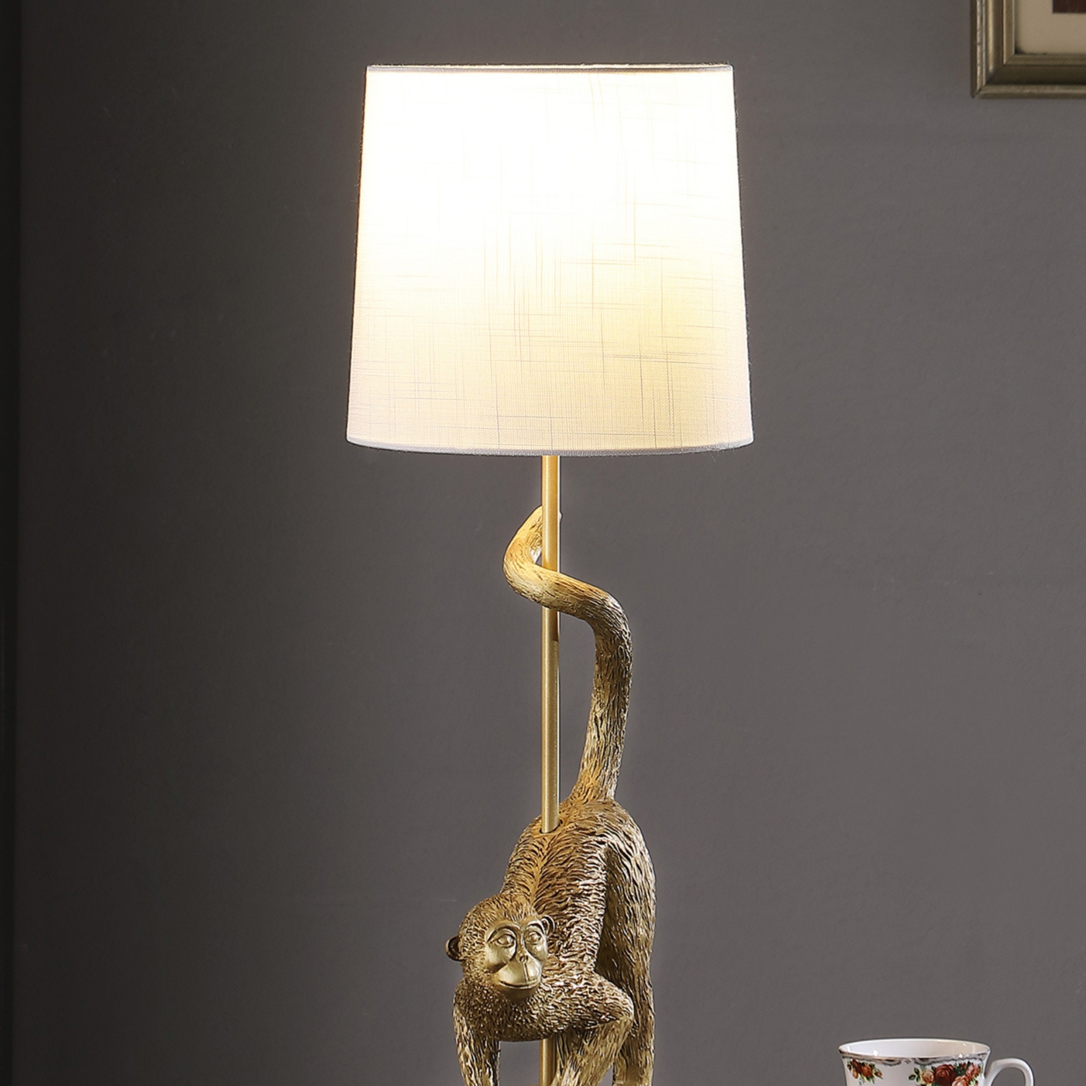 Noble House 24" Old World Capuchin Monkey Table Lamp, Polyresin Figurine, Semi-Drum Shade, E26 Bulb, Golden White