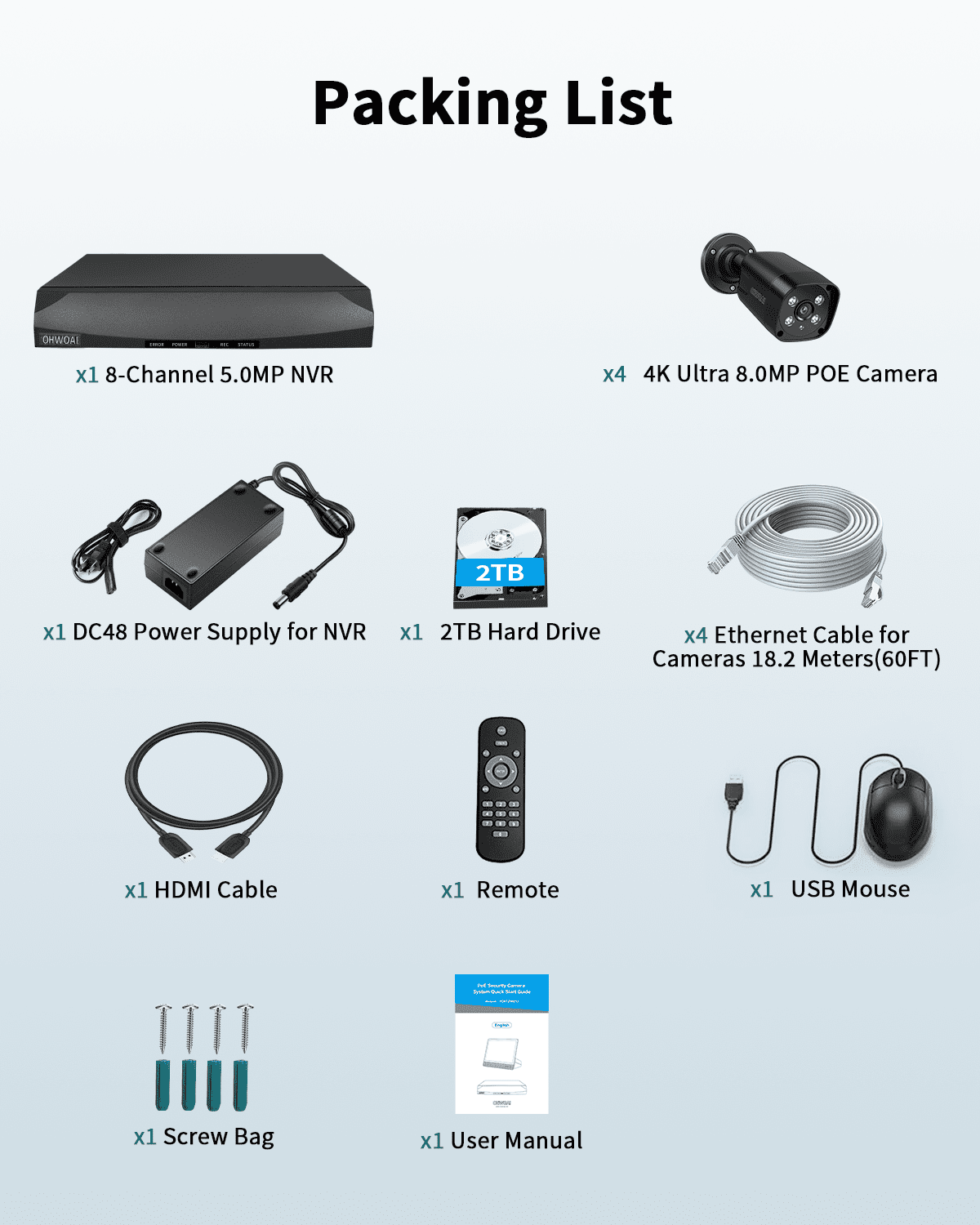 OHWOAI 4K PoE Security Camera System with 100FT Super Night Vision, 4 Black Cams, 8CH NVR, 2TB HDD