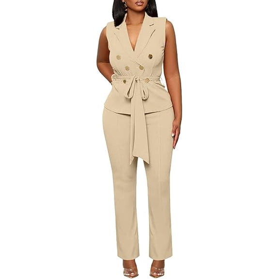 Women's Business Casual Two Piece Outfits Sleeveless Blazer Vest & Wide Leg Pants Set for Work Daily Wear