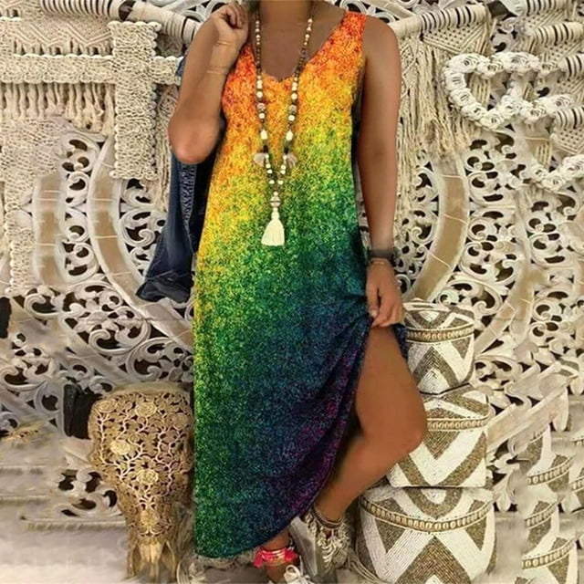 SMihono Robe Maxi Boho d'Été pour Femmes Grande Taille Femmes Décontractée Grande Taille Imprimé Col en V Poches Sans Manches Robe Maxi Longue Plage Balançoire Robe d'Été