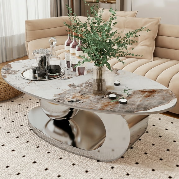 MDQMD Oval Coffee Table with Faux Marble Top Gray Steel Base Modern Minimalist Living Room Table  Storage Shelf Central Ball Support Design  Gray Marble Space-Saving Center Table
