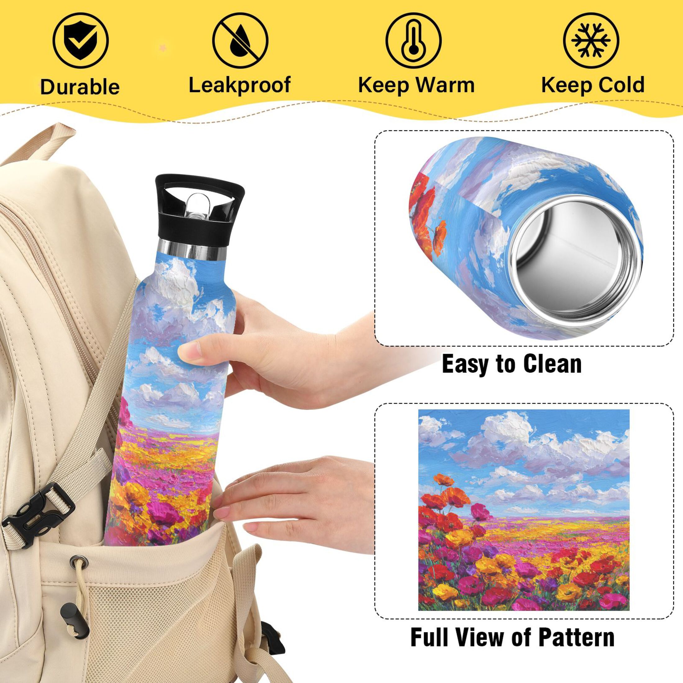 Kids Insulated Stainless Steel Sports Water Bottle 600ml (20oz) Colorful Floral Landscape