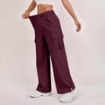 thumbnail image 4 of Women's Cargo Pants Baggy Jeans High Waisted Casual Stretchy Wide Leg Streetwear with 4 Pockets for Women Wine M, 4 of 7