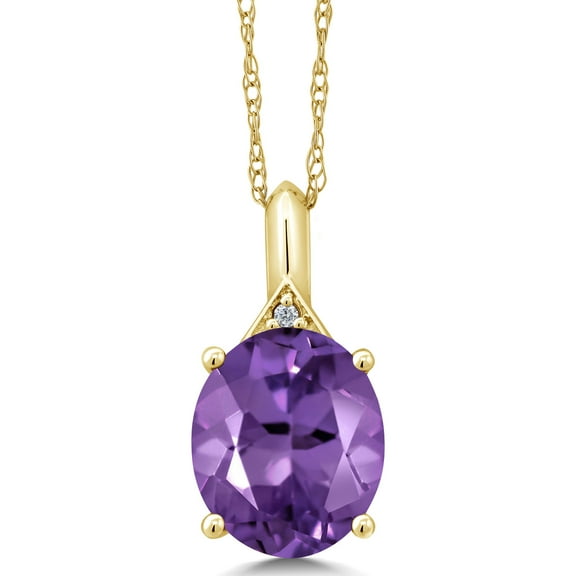 Gem Stone King 4.02 Ct Oval Purple Amethyst White Diamond 14K Yellow Gold Pendant