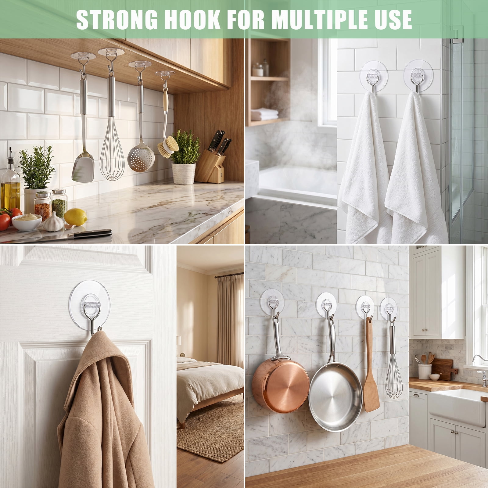Koomade 12 Packs Adhesive Wall Hooks 13LB Heavy Duty No Drill Transparent Waterproof Hooks for Bathroom Kitchen Towel Coat Keys