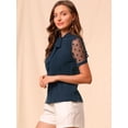 thumbnail image 4 of DARING DIVA V Neck Stand Collar Short Mesh Sleeve Blouse S Navy Blue, 4 of 6