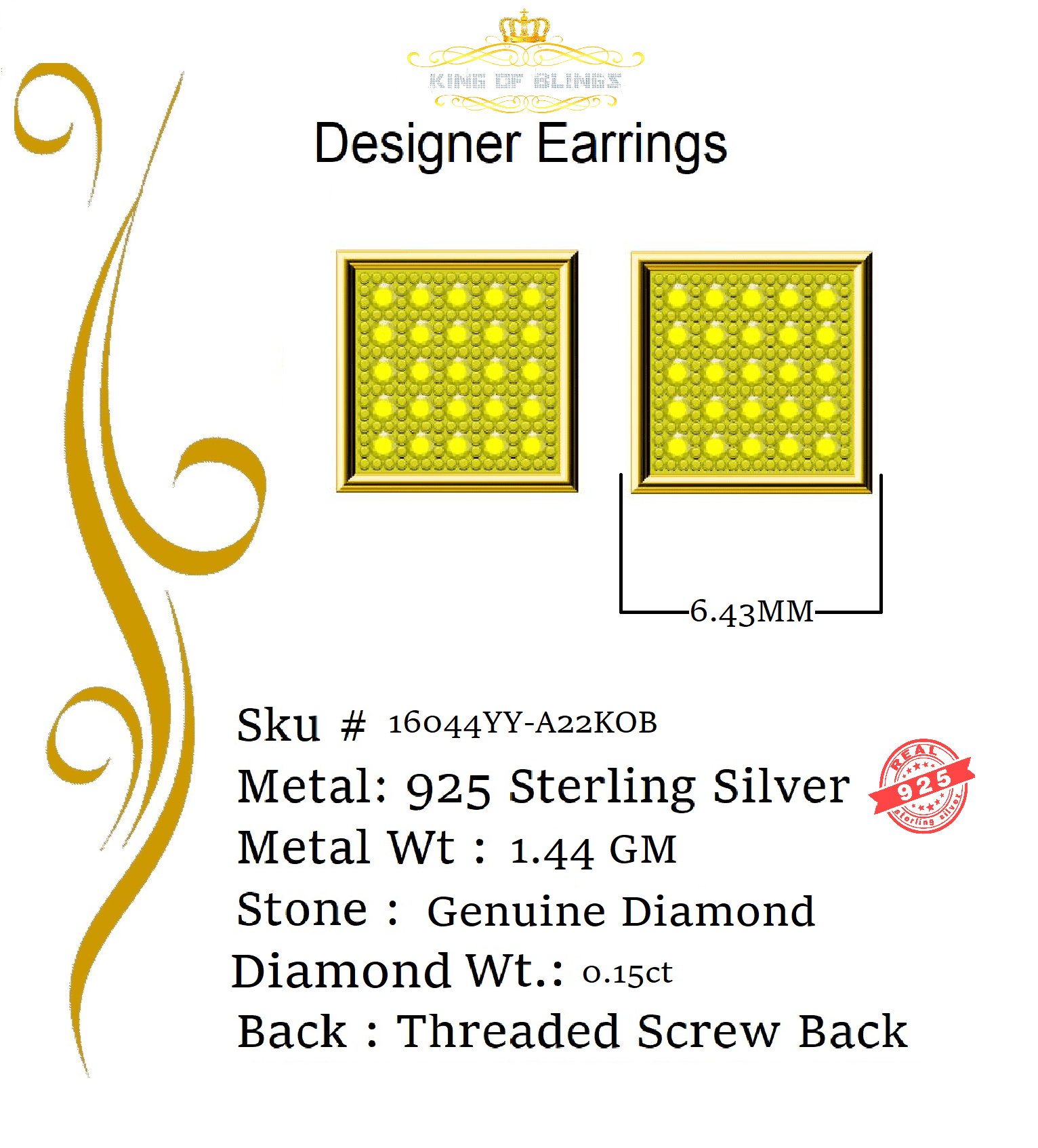 King of Bling's 0.15ct Diamond 925 stud Sterling Silver Yellow Women's/ Men's Square Earrings