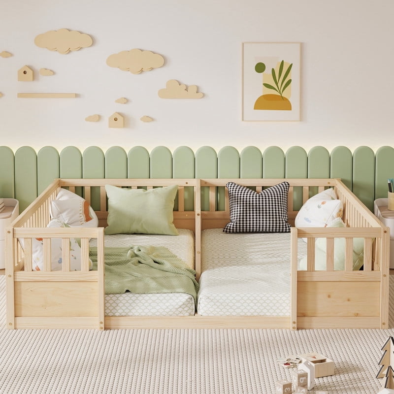 Twin Size Horizontal Floor Bunk Bed Frame with Semi-Enclosed Safety Guardrails, Wood Low Profile Kids Bed with Open Entrance