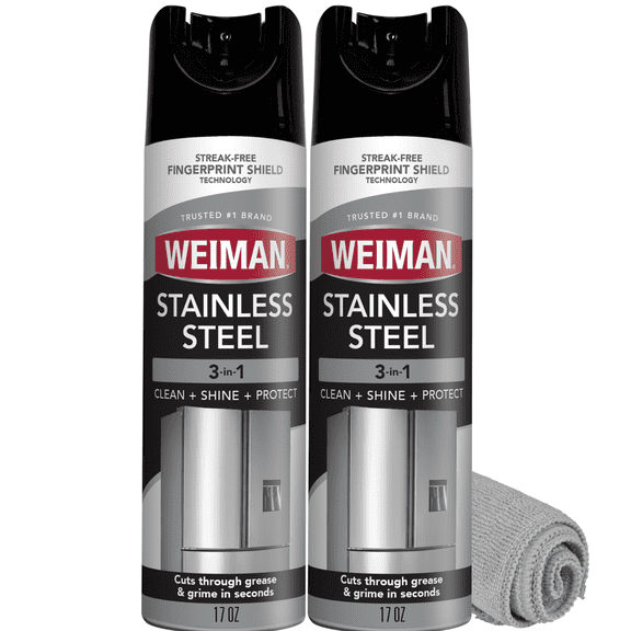 Weiman Stainless Steel Cleaner & Polish Protects Appliances From Fingerprints & Gives a Streak-Free Shine - For Refrigerators, Oven, Dishwasher, Stove - 2 Pack Aerosol Spray with Microfiber Cloth