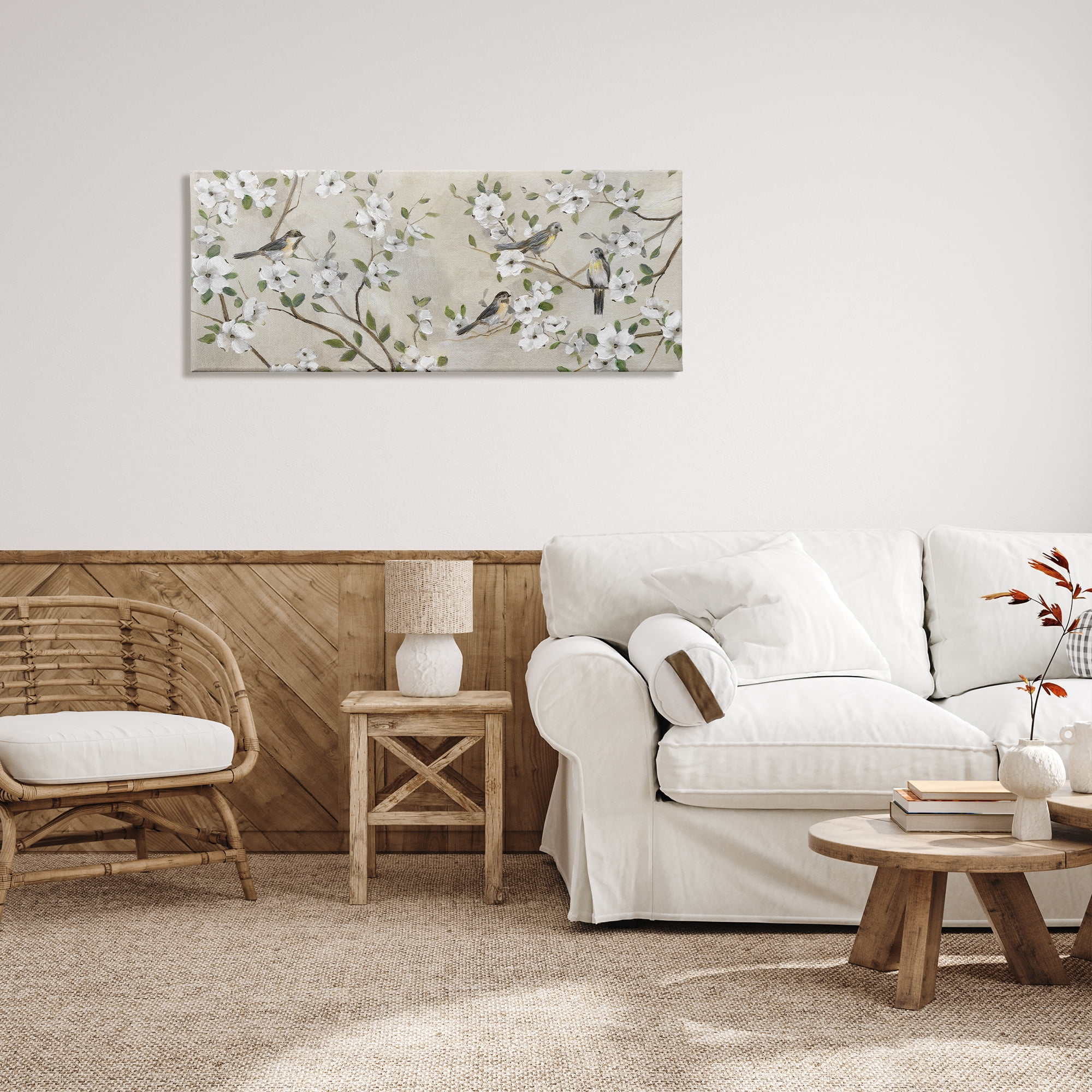 Stupell Industries Country Birds Soft White Floral Blossom Tree Branches, 48 x 20, Design by Nan