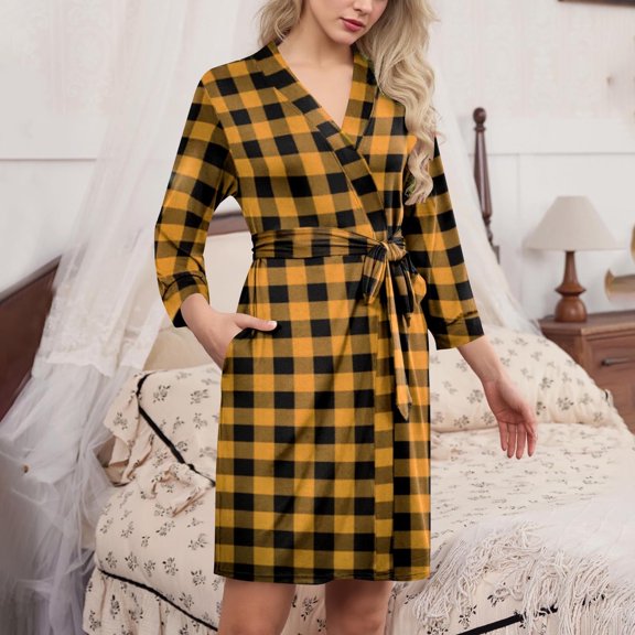 SYMOID Womens Yellow Buffalo Plaid Robe - Breathable Poly-Cotton, Tie Waist Wrap, Long Sleeve Knee-Length, S-XXL,Size XL