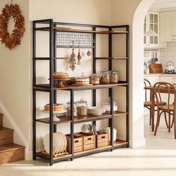 KIOOTTO 5-Tier Kitchen Baker's Rack with Cabinet , 55" Large Kitchen Storage Shelves, Microwave Oven Stand, Utility Pantry Storage Organizer with Hooks Black