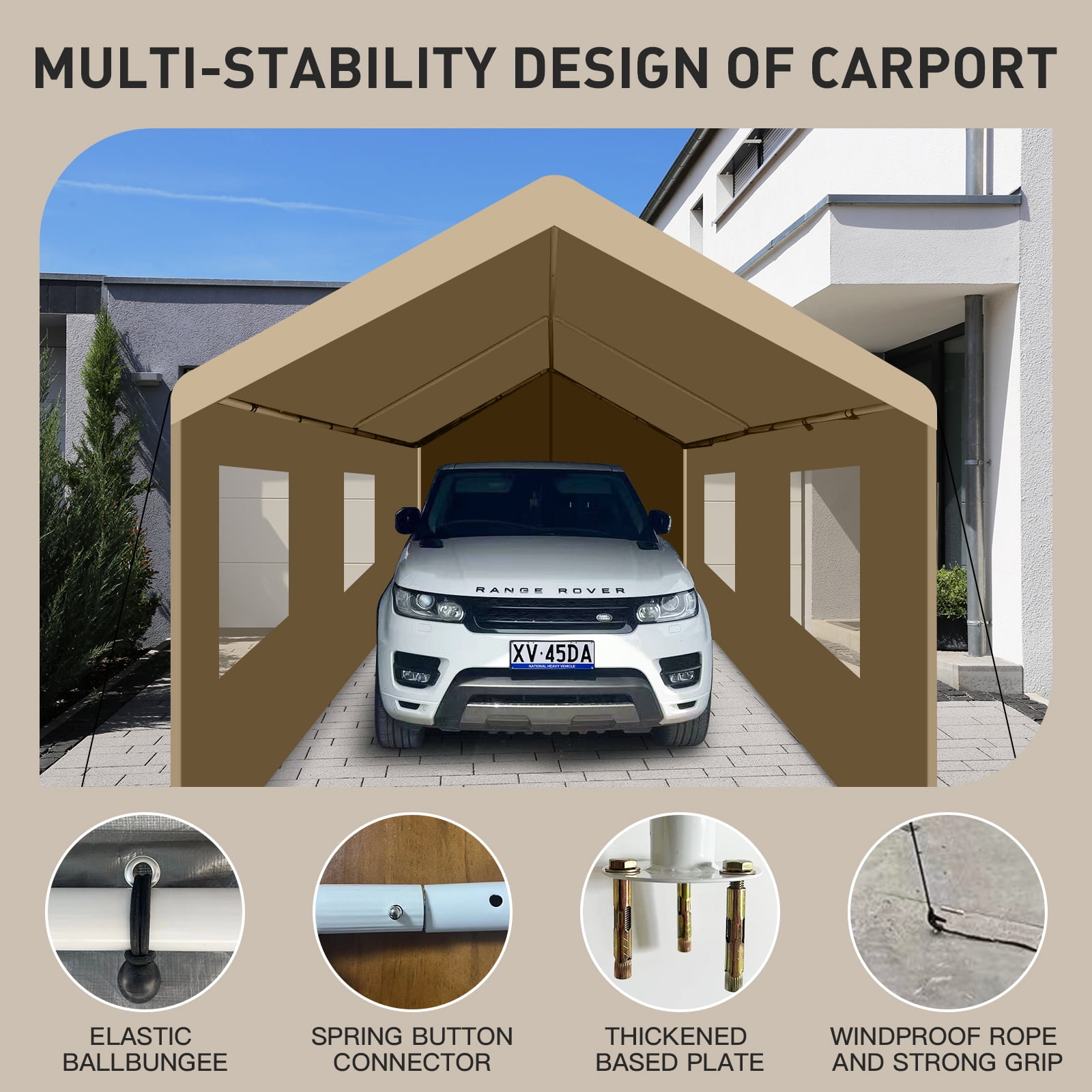 CCBEKIIM 10x20 Carport, Heavy Duty Car Port/Car Tent with Removable Sidewalls, Portable Canopy Tent for SUV, Car, Truck, Boat, Motorcycle Shelter (Beige)