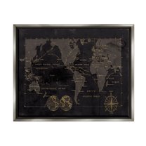 Stupell Industries Black Detailed World Map Graphic Art Luster Gray Floating Framed Canvas Print Wall Art, Design by Carol Robinson