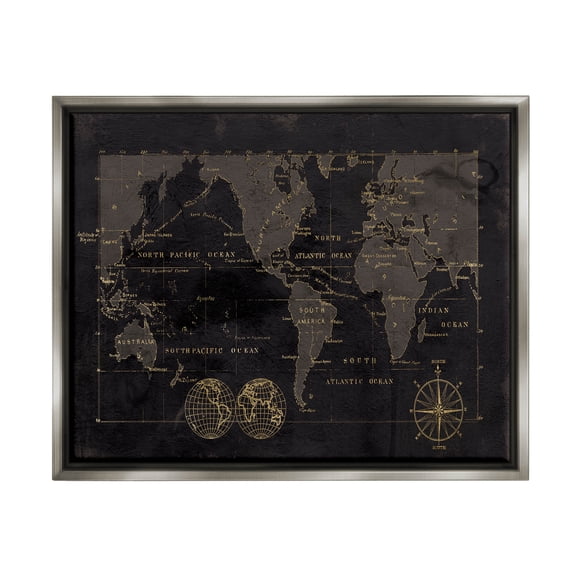 Stupell Industries Black Detailed World Map Graphic Art Luster Gray Floating Framed Canvas Print Wall Art, Design by Carol Robinson