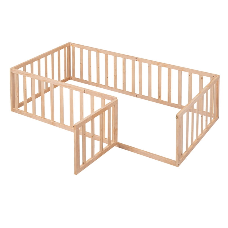 Twin Size Floor Bed Platform Bed with Fence and Door, Wood Montessori Bed Toddler Bed Playhouse Bed for Boys Girls, No Slats