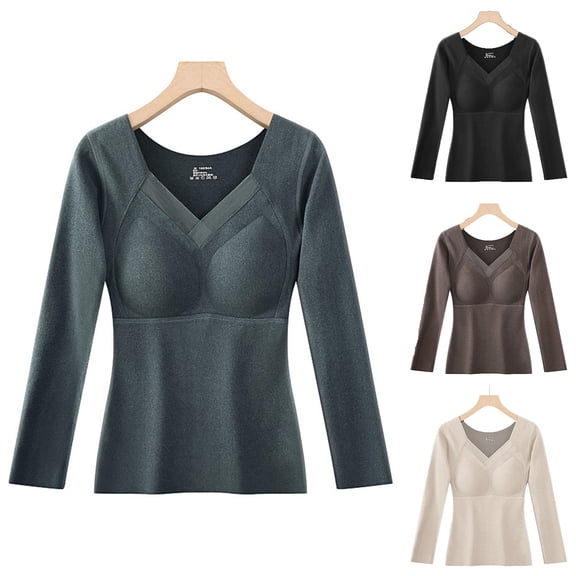 Lovzfmll Women's Thermal Top with Graphene Self-Heating, V-Neck with Fixed Cups and Long Sleeve Built-in Bra for Versatile Wear