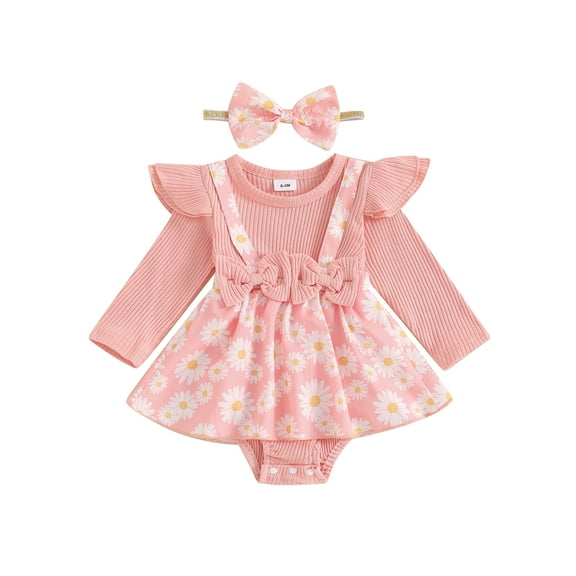 Suealasg Baby Girls Outfits 2Pcs Newborn Girls Spring Fall Clothes 3 6 9 12 18 Months Infant Girls Long Sleeve Flower Print Romper Dress Headband Set