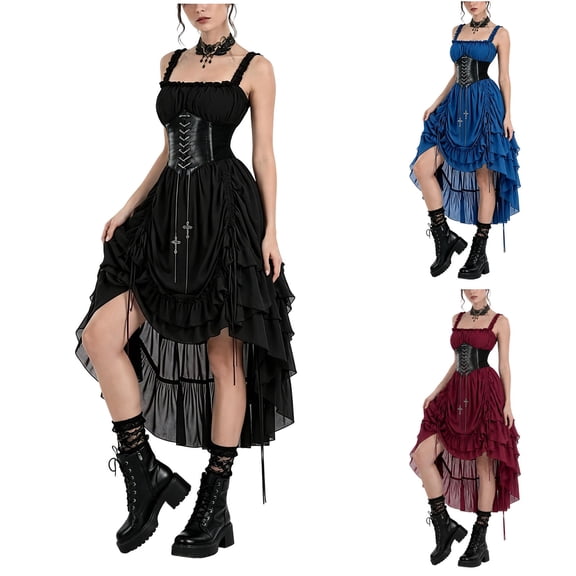 Jsaierl Women's Gothic Steampunk Corset Dress Square Neck High Low Ruffle Layered Halloween Cosplay Costume