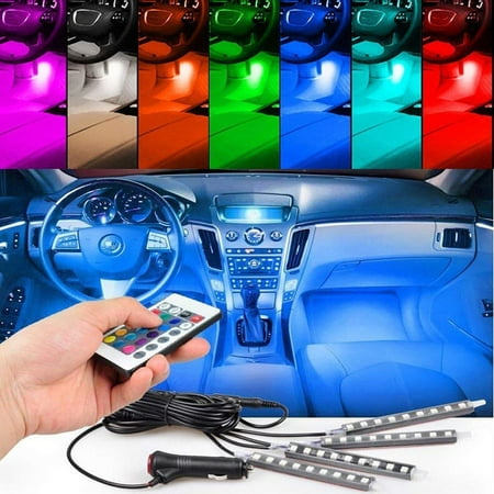 TSV  4pcs 36 LED Multi-color Car Interior Lights Under Dash Lighting Waterproof Kit with Multi-Mode Change and Wireless Remote Control, Car Charger Included,DC