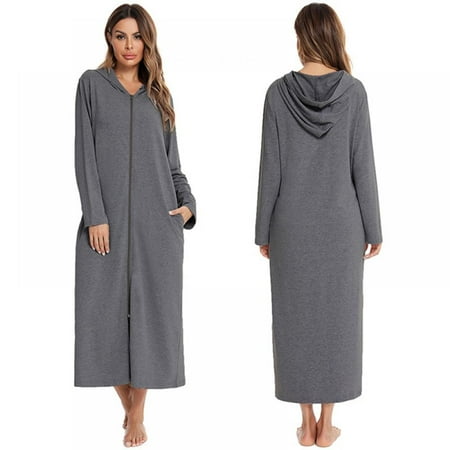 

[BRAND FACTORY PRICE!]Women Fashion Hooded Nightgown Long-sleeved Pajamas Long-sleeved Zipper Loose Casual Nightdress