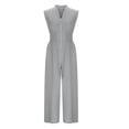 thumbnail image 6 of lcziwo Womens V Neck Casual Dressy Jumpsuits Smocked Zip Up Sleeveless Wide Leg Onesie Pants Summer Casual Elastic Waist Overalls with Pockets Work Outfit Gray XL, 6 of 9