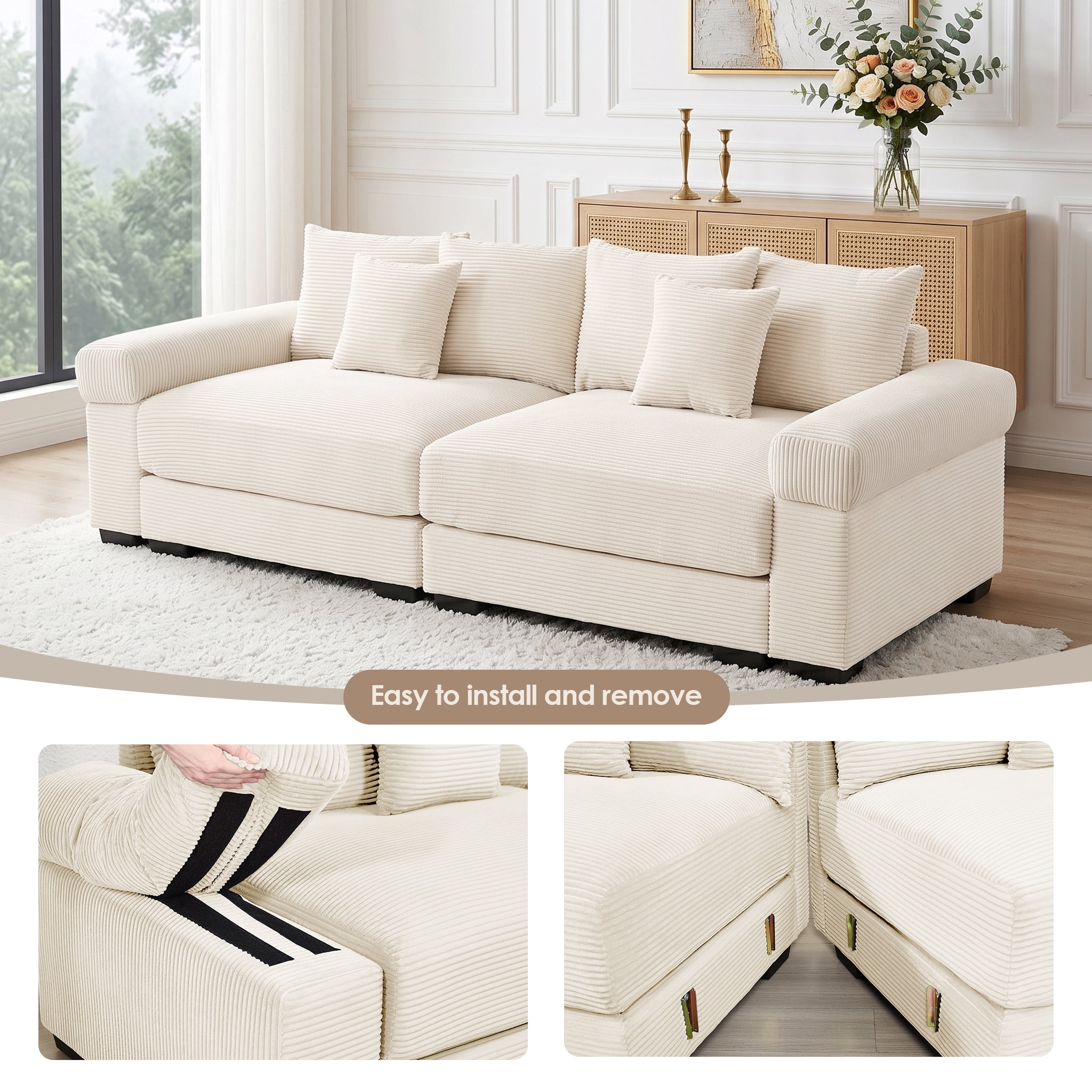 Anpport 92" Oversized Cloud Modular 2-Seater Beige Corduroy 2-Seater, Washable Removable Covers, Double-Layer Thick Cushions, Wide Armrest Small Apartment Sofa