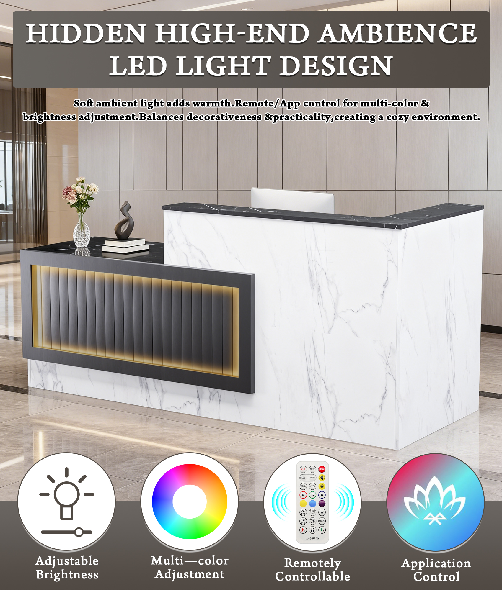 Esheno 71in L Shaped Reception Desk with Storage Drawers Tall Cabinet Lighting 71"H Multicolor for Office School