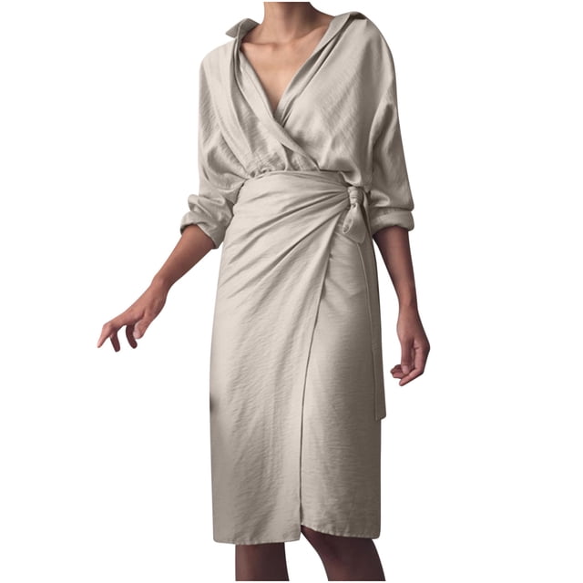 Vestidos Para Mujer Otoño Nuevo Paquete Irregular Vestido Con Tirantes en La Cadera Cuello en V Manga Larga Vestido de Color Sólido Odeerbi ODB147662