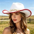 thumbnail image 2 of XIAOCHA Womens Solid Cowboy Hat Shell Bead Trimming Outdoor Farm Wide Brim Western Hat,White2, 2 of 3