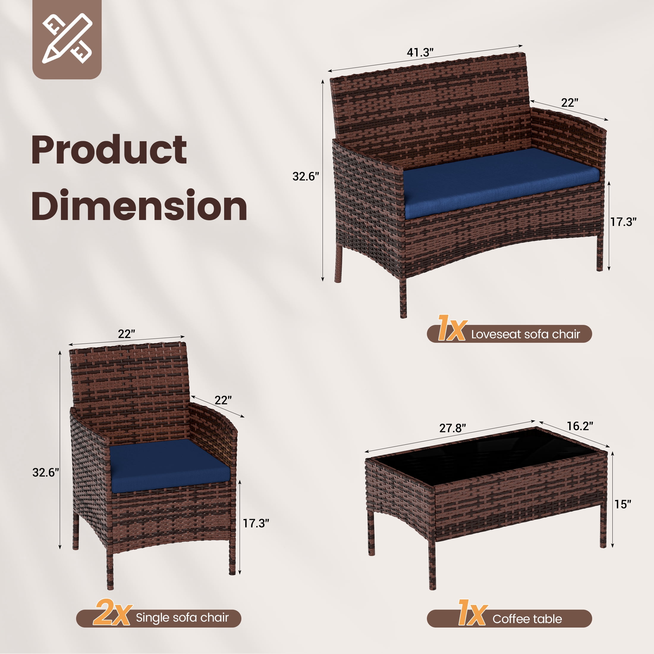 UDPATIO 4 Pieces Outdoor Patio Furniture,Sectional Conversation Sets,Brown PE Rattan Patio Chairs with Table and Loveseat for Balcony, Porch, Backyard,（Navy Blue Cushion）
