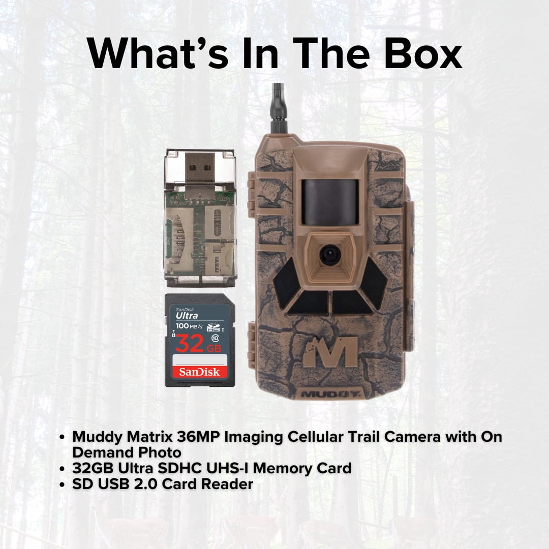 Muddy Matrix 36MP Imaging Cellular Trail Camera with On Demand Photo and Dual Network (Mud) Bundle with 32GB Ultra SDHC UHS-I Memory Card and Focus All-In-One High Speed Card Reader (3 Items)