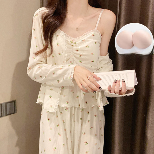Pijama de mujer de manga larga con tirantes y pantalones, conjunto de tres piezas con almohadilla para el pecho, Pure Desire, ropa de hogar con flores dulces, estilo primavera y otoño