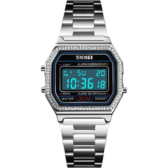 Classic Women's Digital Multifunction Sports Watch Stainless Steel Band Square Waterproof Electronic Led Watch
