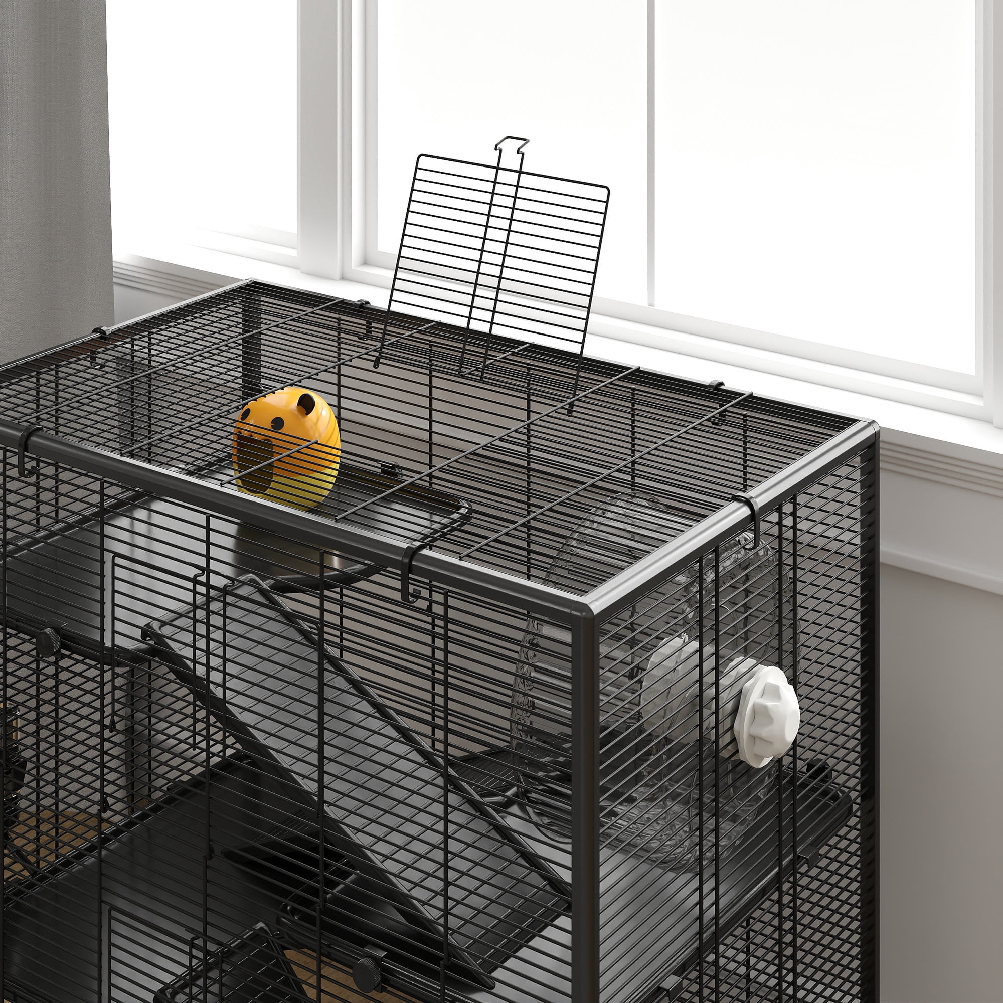 PawHut Deep Glass Bottom Hamster Cage, 4 Tiers Hamster Tank with Running Wheel, Hut, Water Bottle, Food Dish, Rat Cage, Black, 31" x 19" x 31.5"
