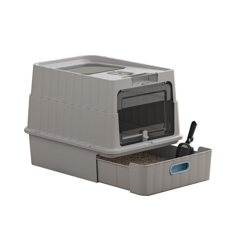 Drawer Style Fully Enclosed Cat Litter Box Hooded Cat Toilet with Front Door Top Window and Litter Scoop